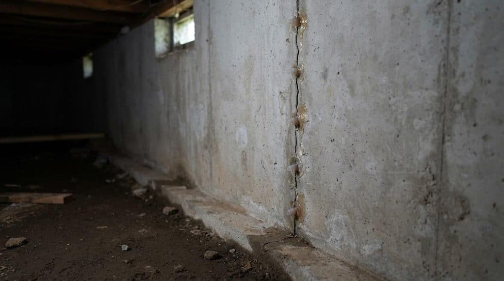 Epoxy injection ports installed along a vertical crack in a poured concrete foundation wall