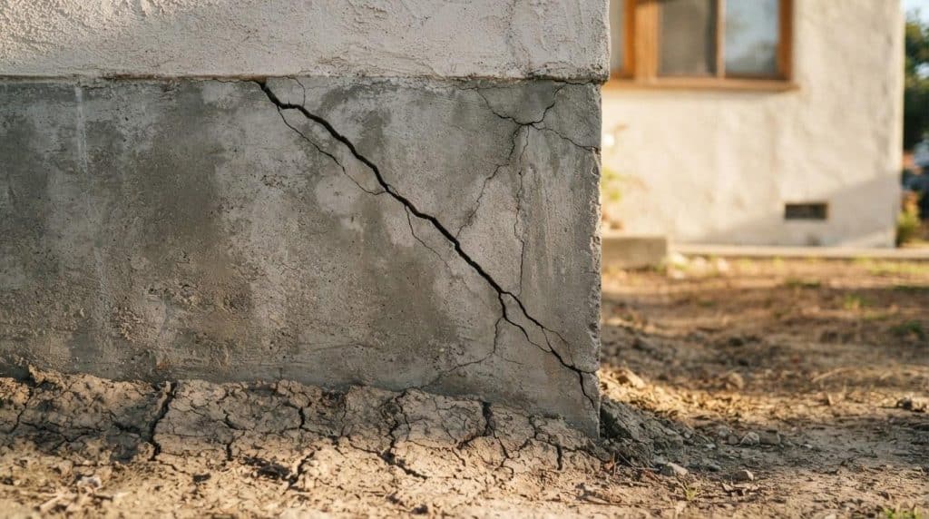 Diagonal crack in a California home foundation stem wall caused by expansive clay soil movement