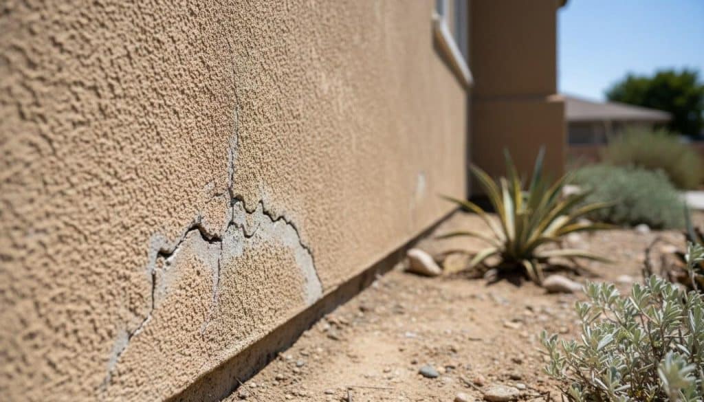 Exterior concrete foundation wall with visible cracks on a California home