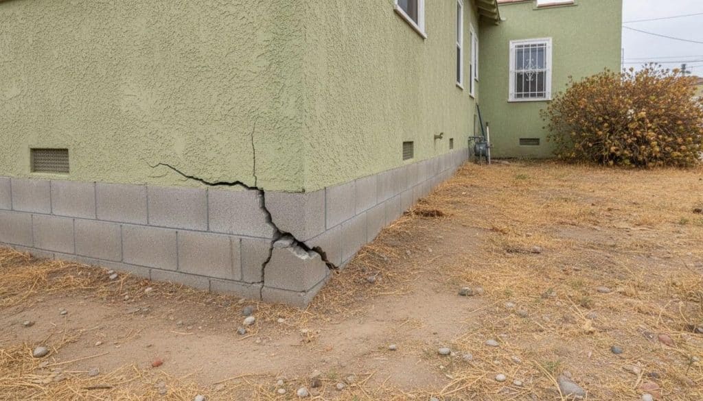 Stair-step cracks in a concrete block stem wall foundation after a California earthquake