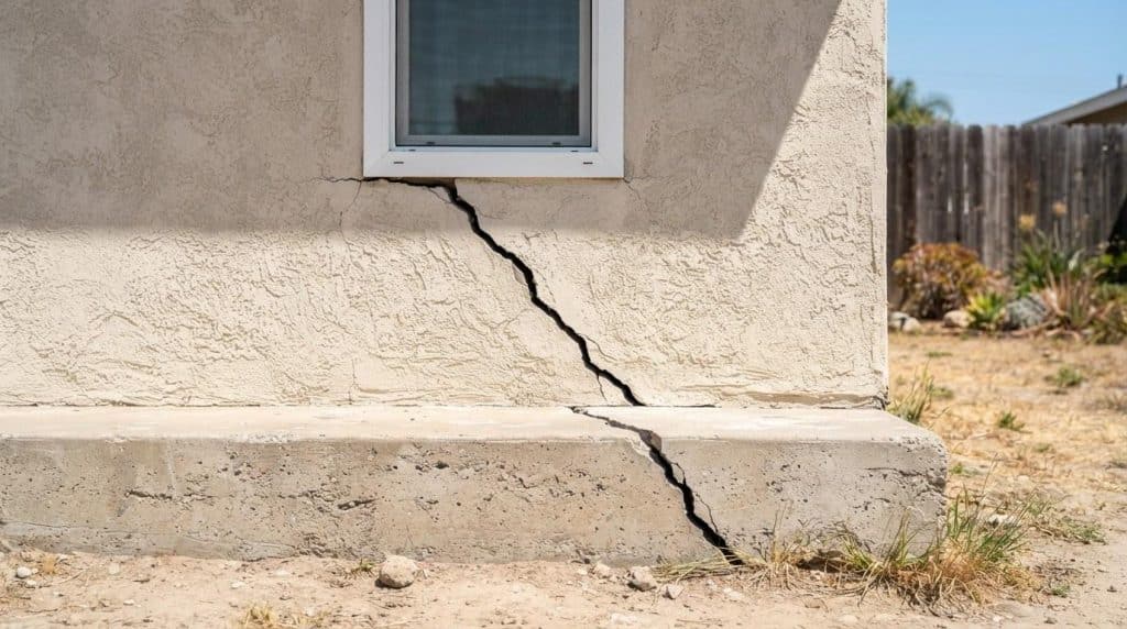 Diagonal foundation settlement crack wider at the top on a stucco exterior wall in Southern California