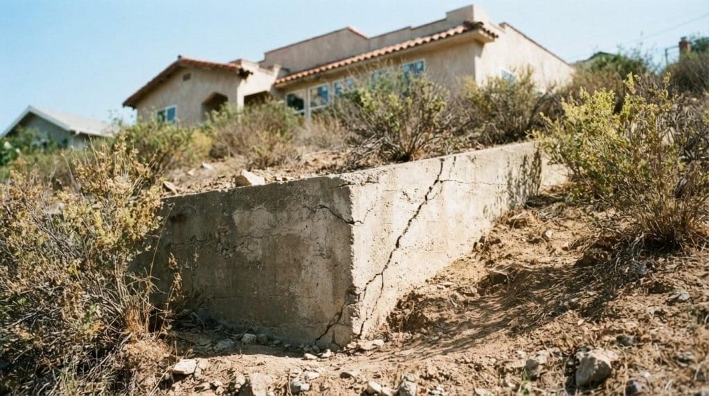 Cracked hillside foundation stem wall on a steep Southern California residential lot showing diagonal stress fractures