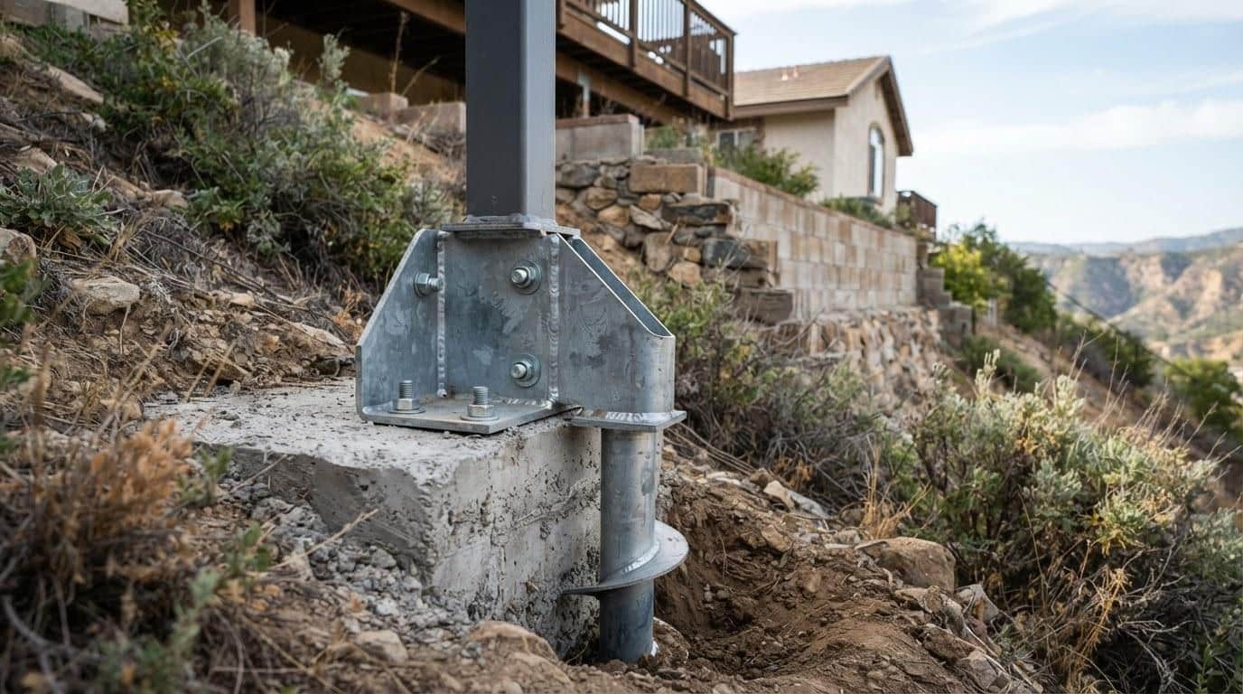 Steel helical pier bracket bolted to a concrete footing during hillside foundation repair in Southern California