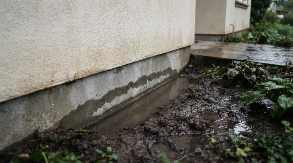 Water pooling against a residential concrete foundation after rain in Southern California showing drainage problem