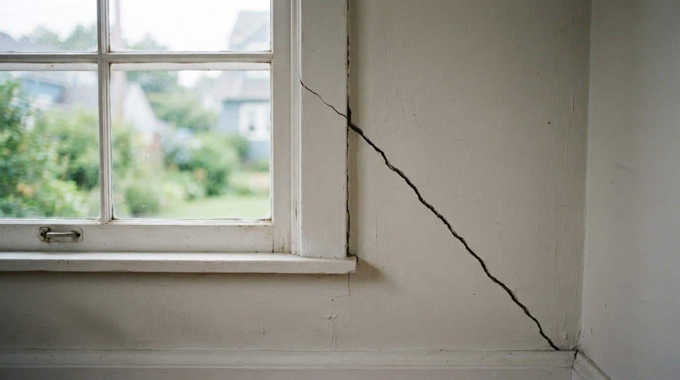 Diagonal foundation crack at window corner inside a California home showing structural movement from drainage issues