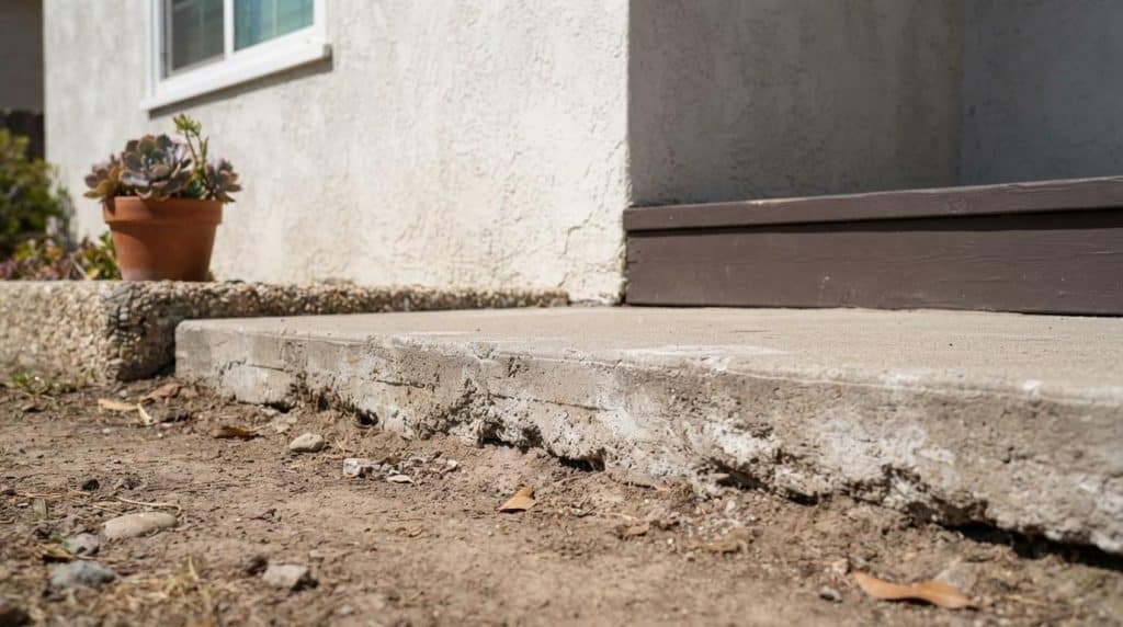 Exposed concrete slab foundation edge on a California home exterior