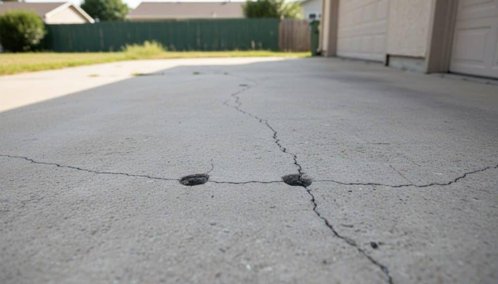 Drill holes in a sunken concrete driveway slab prepared for foundation lifting repair
