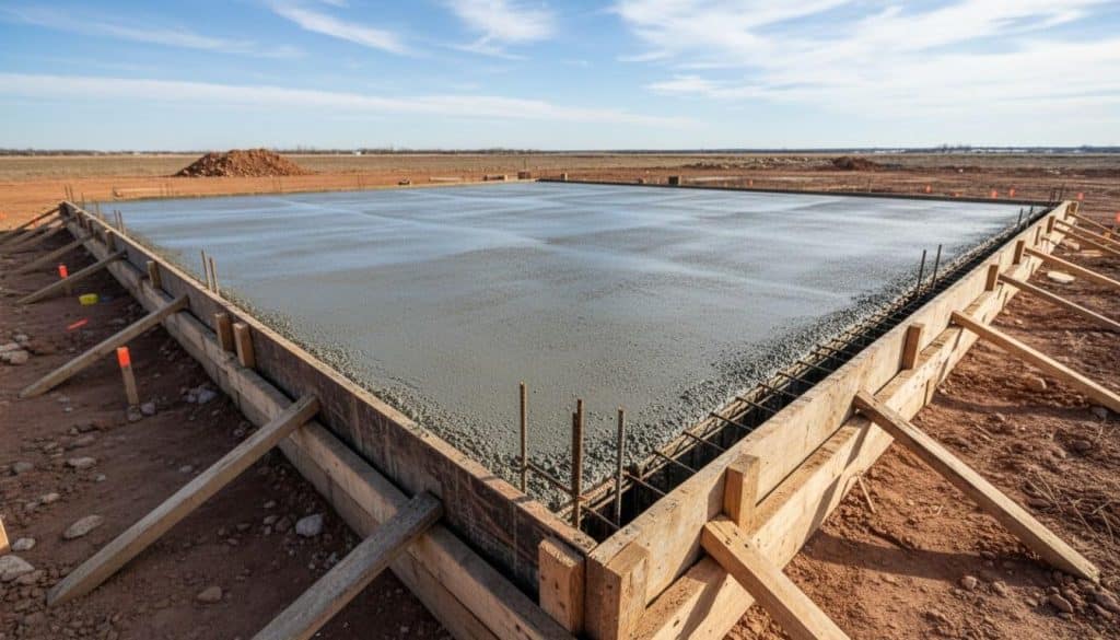 New home construction foundation slab poured on a California residential lot
