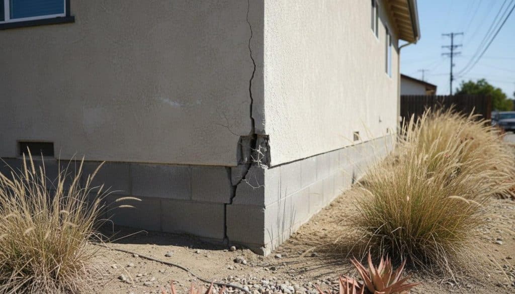 Diagonal stair-step crack in a California home's concrete stem wall foundation