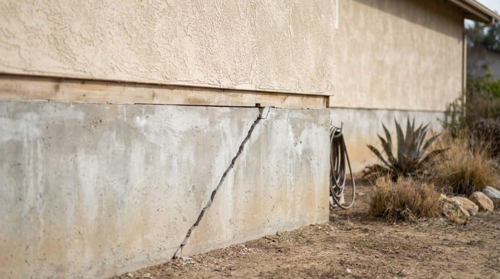 Wide diagonal crack in a concrete foundation stem wall on a California home exterior