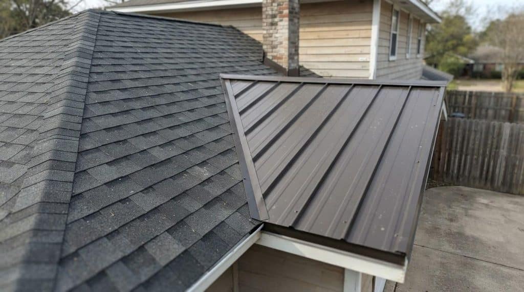 Side-by-side comparison of asphalt shingles and standing seam metal roofing on a Southern California home