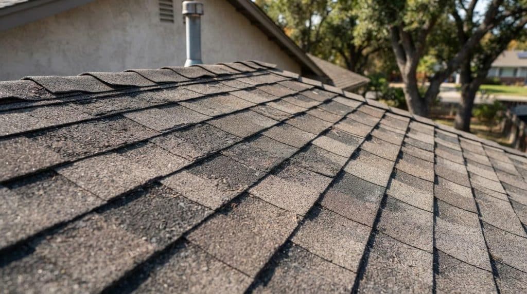 Asphalt shingles with granule loss and curling edges on a California residential roof during fall inspection