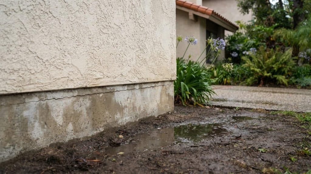 Wet soil and hairline crack along a Southern California home foundation after fall rain