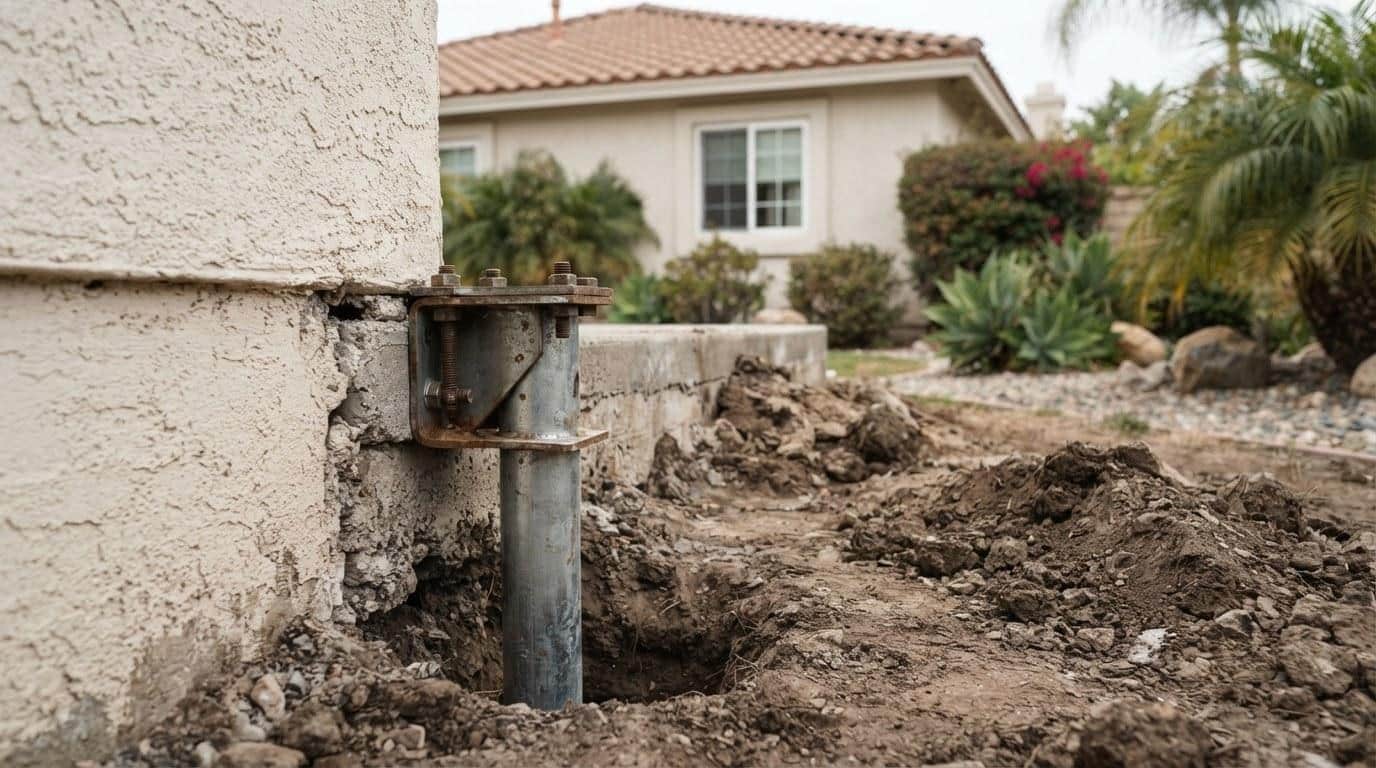 Helical pier installed beside a concrete slab foundation during Southern California foundation repair