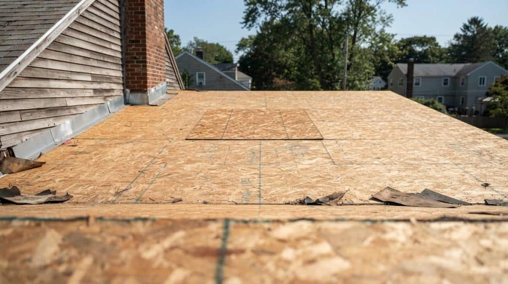 Bare roof decking exposed after tear-off during a residential roof installation in Southern California