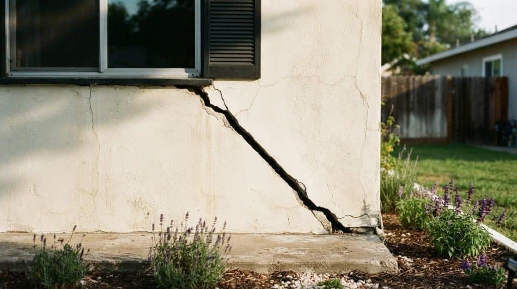 Diagonal foundation crack on a California home exterior showing structural settling damage