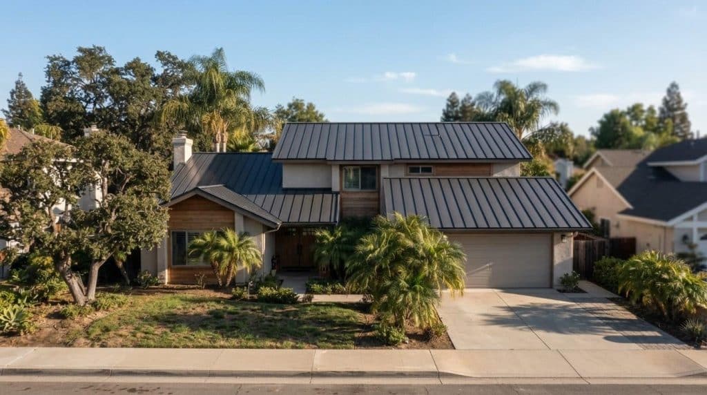 Standing seam metal roof installed on a California home showing panel seams and roof slope