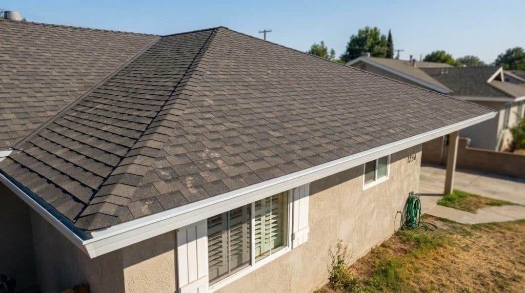 Newly installed architectural asphalt shingle roof on a California rental property