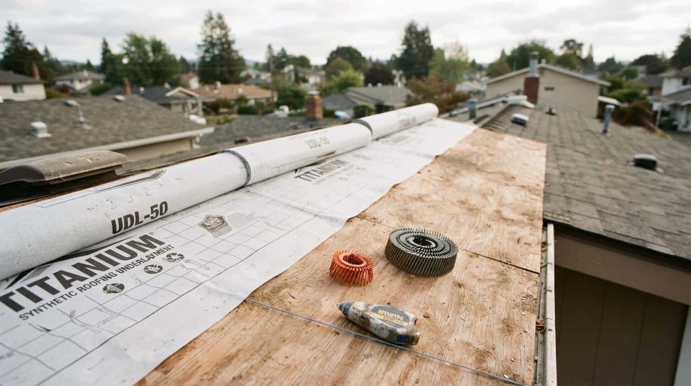 Synthetic roofing underlayment rolls staged on a residential roof deck during a fall installation in California