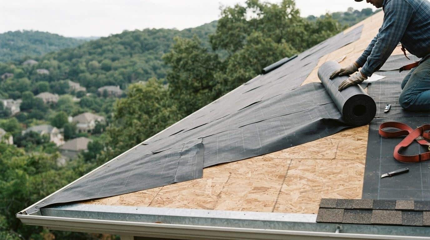 Peel-and-stick underlayment membrane installed on steep-slope hillside home roof deck