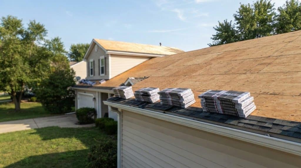 Stripped residential roof deck with new shingle bundles staged for installation in Southern California