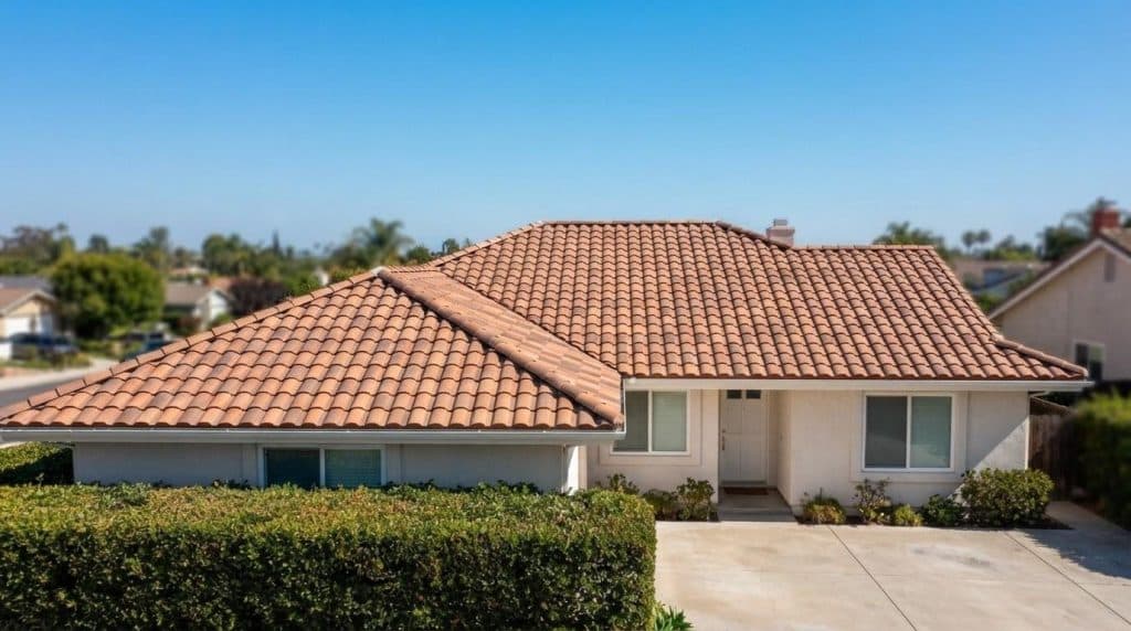Newly installed clay barrel tile roof on a Los Angeles area home with terracotta tiles and clean ridge caps
