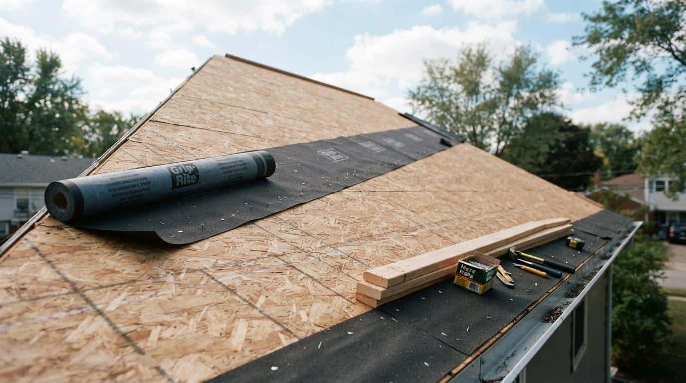Roof deck with underlayment being installed during a tile roof replacement project in California