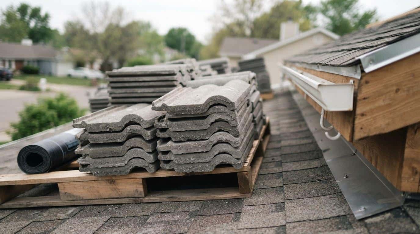 Concrete roof tiles staged on a residential roof deck before installation in Los Angeles County