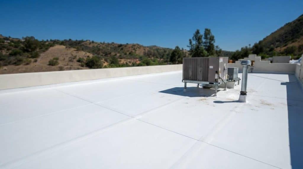 White TPO cool roof membrane installed on a low-slope commercial building in California meeting Title 24 solar reflectance requirements