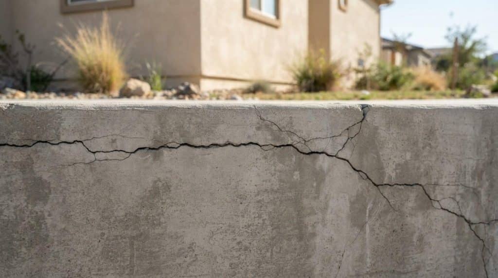 Cracked concrete foundation wall on a California residential home showing horizontal and diagonal fractures