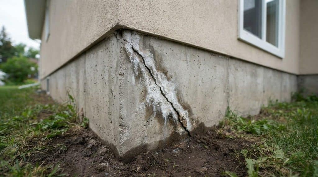 Diagonal foundation crack with efflorescence on a residential concrete wall in Southern California