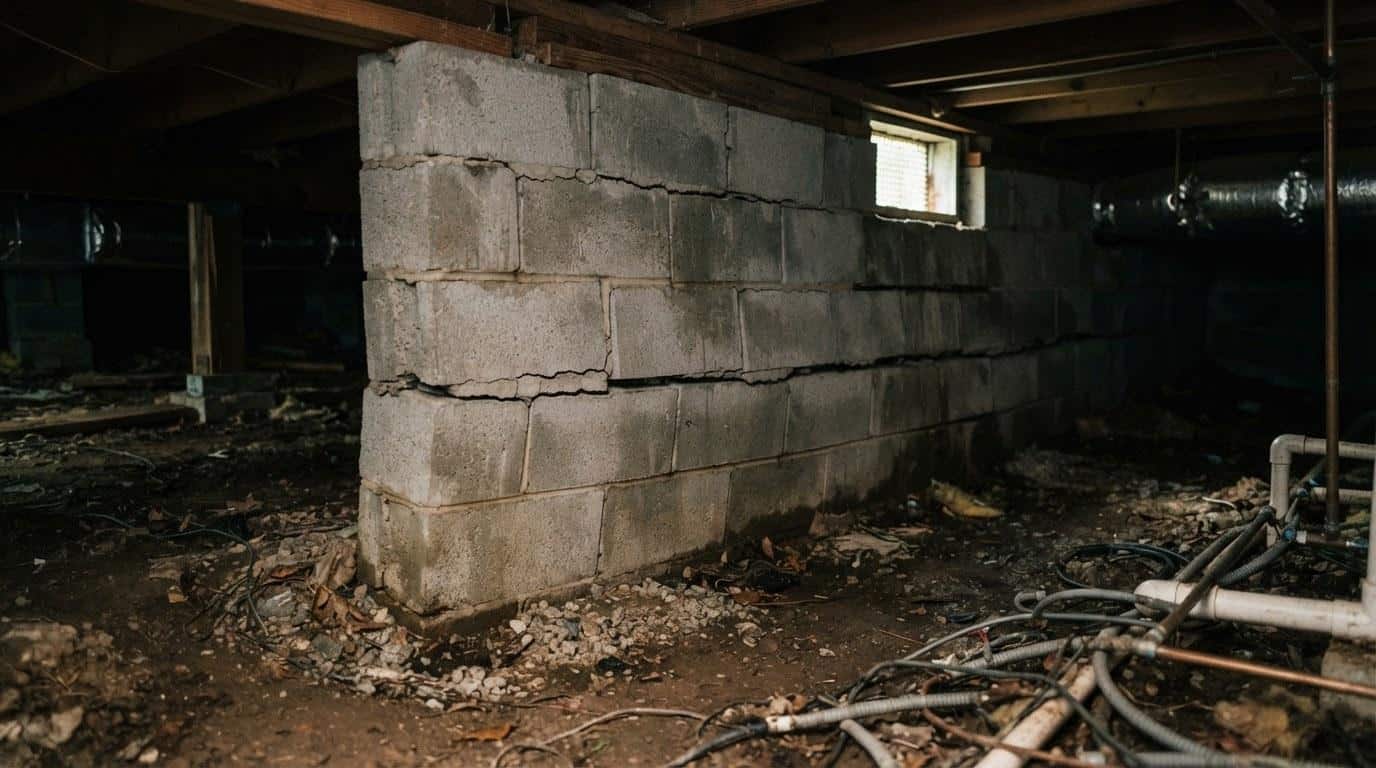 Horizontal crack in a concrete block stem wall showing structural movement in a Southern California home